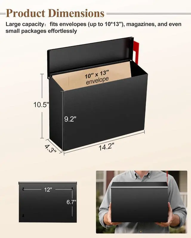 Alt view image 2 of 7 - Wall Mount Mailbox for Outside Large Capacity, Black | Rust-Proof Mail Box with Stay-Open Lid & Red Flag Kit, Galvanized Steel, Weather-Resistant Post Box, 10.5" x 4.3" x 14.2"