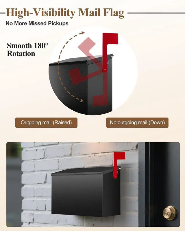 Alt view image 3 of 7 - Wall Mount Mailbox for Outside Large Capacity, Black | Rust-Proof Mail Box with Stay-Open Lid & Red Flag Kit, Galvanized Steel, Weather-Resistant Post Box, 10.5" x 4.3" x 14.2"