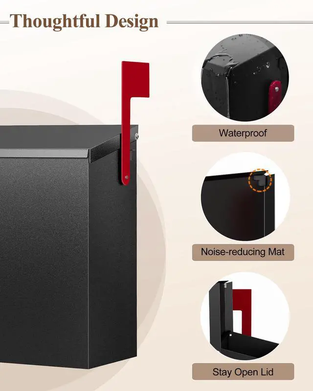 Alt view image 4 of 7 - Wall Mount Mailbox for Outside Large Capacity, Black | Rust-Proof Mail Box with Stay-Open Lid & Red Flag Kit, Galvanized Steel, Weather-Resistant Post Box, 10.5" x 4.3" x 14.2"