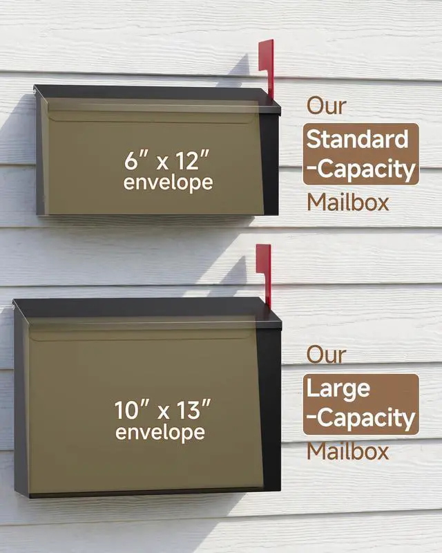 Alt view image 5 of 7 - Wall Mount Mailbox for Outside Large Capacity, Black | Rust-Proof Mail Box with Stay-Open Lid & Red Flag Kit, Galvanized Steel, Weather-Resistant Post Box, 10.5" x 4.3" x 14.2"