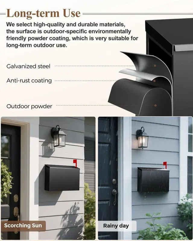 Alt view image 7 of 7 - Wall Mount Mailbox for Outside Large Capacity, Black | Rust-Proof Mail Box with Stay-Open Lid & Red Flag Kit, Galvanized Steel, Weather-Resistant Post Box, 10.5" x 4.3" x 14.2"