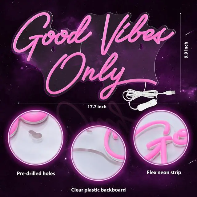 Alt view image 3 of 7 - Good Vibes Only Neon Signs for Wall Decor 17.7" x 9.9" | Pink Good Vibes Only LED Sign for Bedroom, Party, Bar, Salon - Best Gifts for Birthday, Christmas