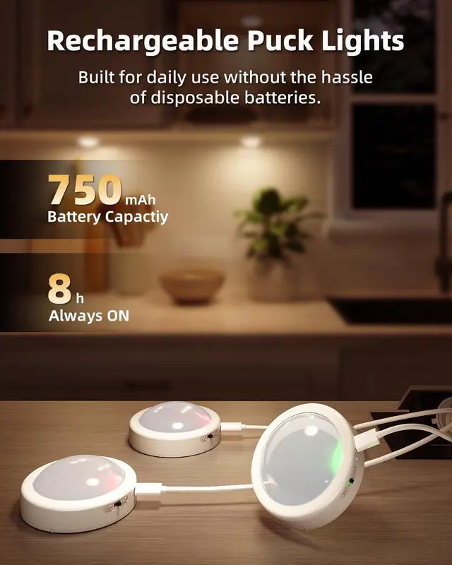 Alt view image 3 of 7 - 6-Pack RGB Rechargeable Puck Lights with Remote, Mini Under Cabinet Lighting, 2.95'' Tap Lights, 16 RGB Colors & 3 White Color Temps, Dimmable Stick-On Closet Lights for Kitchen, Shelf