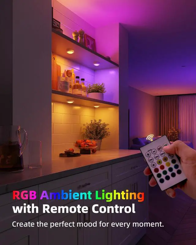 Alt view image 4 of 7 - 6-Pack RGB Rechargeable Puck Lights with Remote, Mini Under Cabinet Lighting, 2.95'' Tap Lights, 16 RGB Colors & 3 White Color Temps, Dimmable Stick-On Closet Lights for Kitchen, Shelf