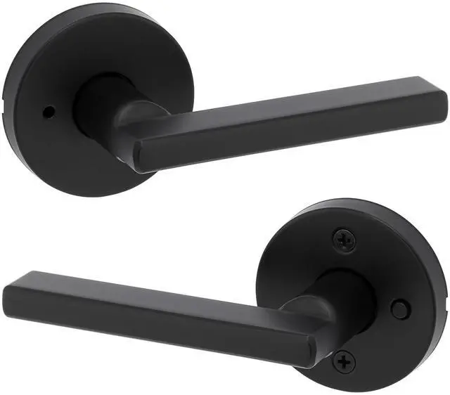 Main image of Halifax Interior Privacy Door Handle with Lock, Round Lever for Bathroom and Bedroom, Matte Black Reversible Keyless Push Button Lock Door Lever, with Microban Protection