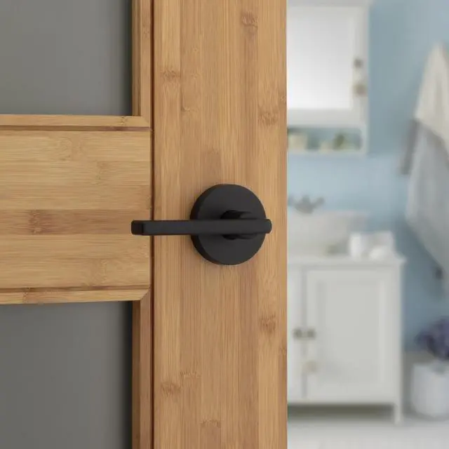 Alt view image 2 of 7 - Halifax Interior Privacy Door Handle with Lock, Round Lever for Bathroom and Bedroom, Matte Black Reversible Keyless Push Button Lock Door Lever, with Microban Protection