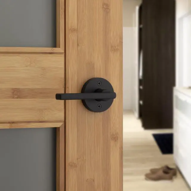 Alt view image 3 of 7 - Halifax Interior Privacy Door Handle with Lock, Round Lever for Bathroom and Bedroom, Matte Black Reversible Keyless Push Button Lock Door Lever, with Microban Protection