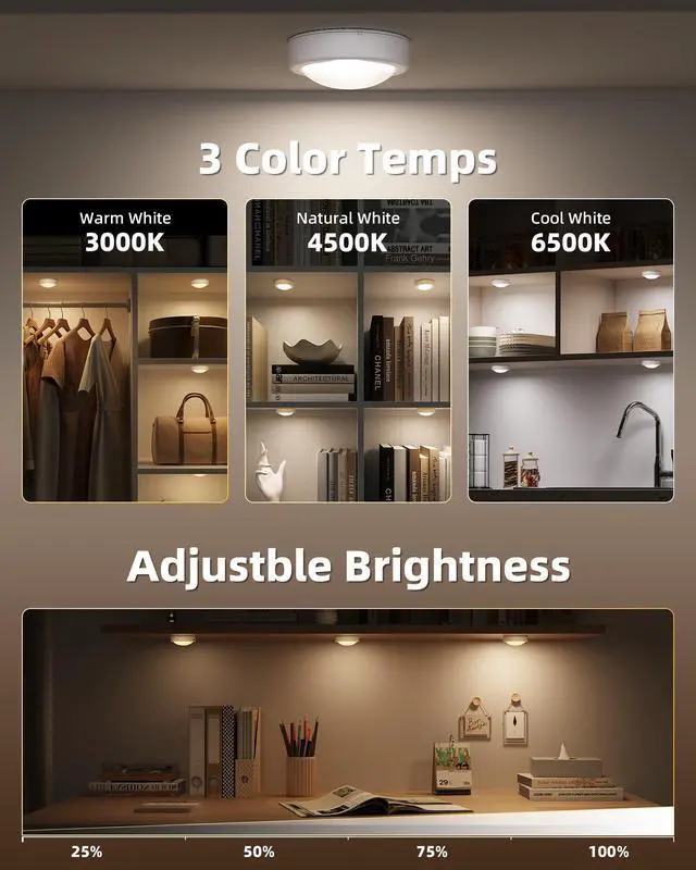 Alt view image 7 of 7 - 6-Pack RGB Rechargeable Puck Lights with Remote, Mini Under Cabinet Lighting, 2.95'' Tap Lights, 16 RGB Colors & 3 White Color Temps, Dimmable Stick-On Closet Lights for Kitchen, Shelf