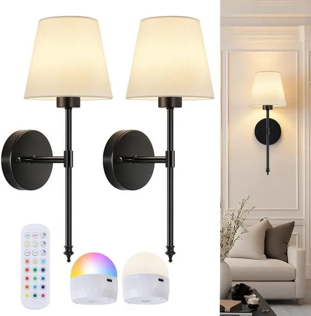 Main image of Battery Operated Wall Sconces Set of 2, Wireless Battery Wall Light | with 5200mAh Dimmable Bulbs with Remote,RGB15 Colors Wireless Wall Lamps for Bedroom Living Room Hallway Decor-Brass Black