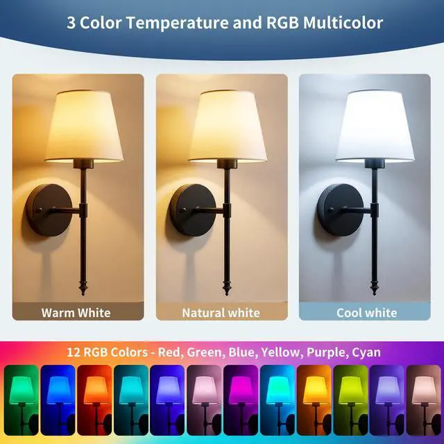 Alt view image 6 of 7 - Battery Operated Wall Sconces Set of 2, Wireless Battery Wall Light | with 5200mAh Dimmable Bulbs with Remote,RGB15 Colors Wireless Wall Lamps for Bedroom Living Room Hallway Decor-Brass Black