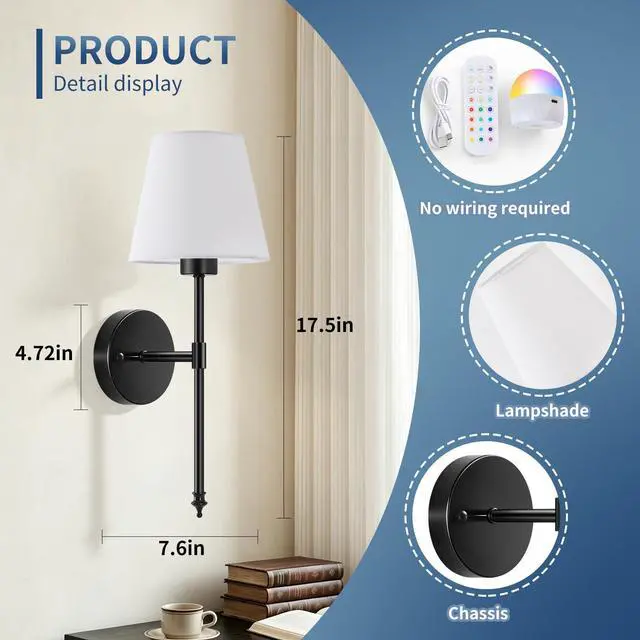 Alt view image 3 of 7 - Battery Operated Wall Sconces Set of 2, Wireless Battery Wall Light | with 5200mAh Dimmable Bulbs with Remote,RGB15 Colors Wireless Wall Lamps for Bedroom Living Room Hallway Decor-Brass Black