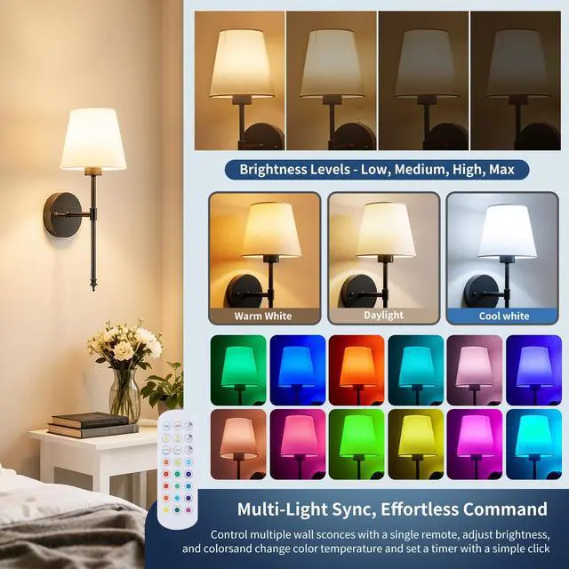 Alt view image 4 of 7 - Battery Operated Wall Sconces Set of 2, Wireless Battery Wall Light | with 5200mAh Dimmable Bulbs with Remote,RGB15 Colors Wireless Wall Lamps for Bedroom Living Room Hallway Decor-Brass Black