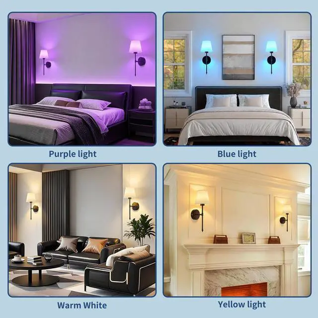 Alt view image 7 of 7 - Battery Operated Wall Sconces Set of 2, Wireless Battery Wall Light | with 5200mAh Dimmable Bulbs with Remote,RGB15 Colors Wireless Wall Lamps for Bedroom Living Room Hallway Decor-Brass Black
