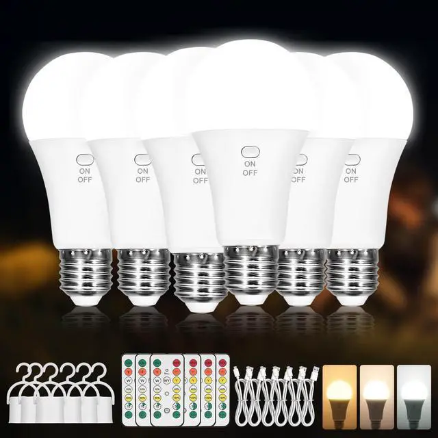 Main image of Rechargeable Light Bulbs with Remote, Battery Light Bulb with Hook 6 Pack | 2600mAh Battery Operated Light Bulbs, Wireless, Emergenc, Timer, A19 Light Bulb,3 Colors Dimmable for Home