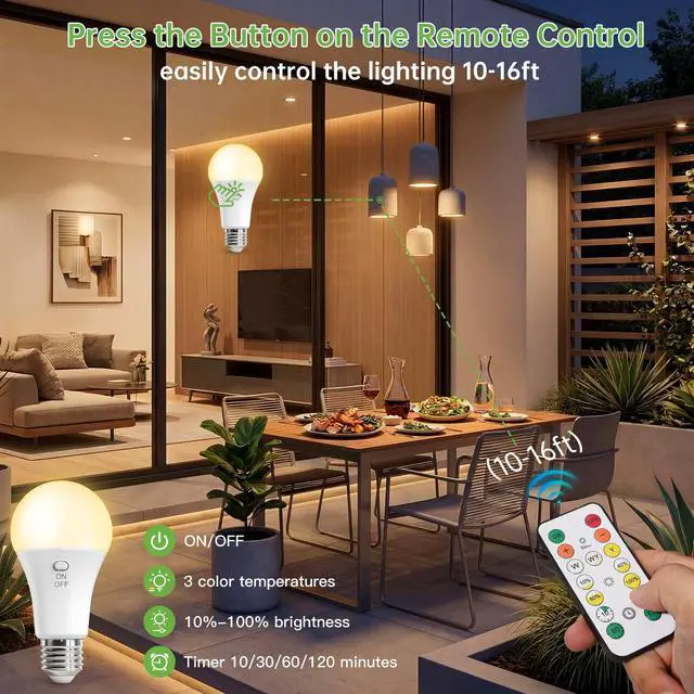 Alt view image 4 of 7 - Rechargeable Light Bulbs with Remote, Battery Light Bulb with Hook 6 Pack | 2600mAh Battery Operated Light Bulbs, Wireless, Emergenc, Timer, A19 Light Bulb,3 Colors Dimmable for Home