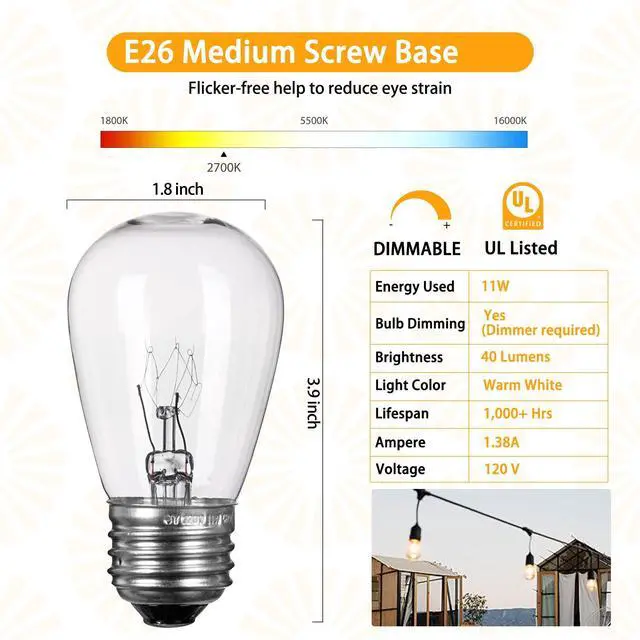 Alt view image 2 of 7 - 26 Pack S14 Incandescent Light Bulbs, Glass, 11W 2700K, Warm White | Waterproof, Dimmable E26 Edison Bulbs for Indoor Outdoor String Lights, Patio Lighting & Replacement Bulbs, UL Listed
