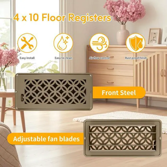 Alt view image 3 of 7 - 2 Pack Floor Vent Covers, Floor Register 4x10, Adjustable Decorative Vent Covers for Home Floor Ceiling or Sidewall Vent, Heavy Duty Walkable Steel Floor Vents, Rust-Proof Finish (Brown)