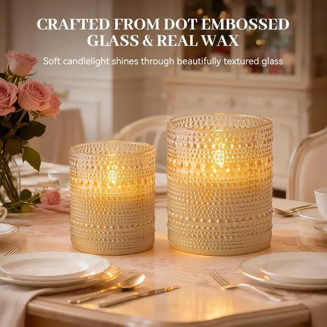 Alt view image 2 of 7 - Dotted Glass Flameless Candles with Remote Timer, Real Wax Battery Operated LED Pillar Candles with 3D Flickering Flame for Festival Wedding Home Party Decor, 3" x 4", 4" x 5", Set of 2 (Gold)