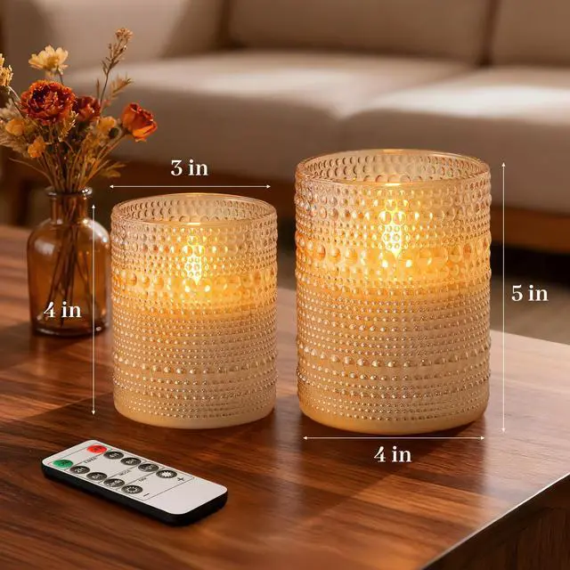 Alt view image 4 of 7 - Dotted Glass Flameless Candles with Remote Timer, Real Wax Battery Operated LED Pillar Candles with 3D Flickering Flame for Festival Wedding Home Party Decor, 3" x 4", 4" x 5", Set of 2 (Gold)