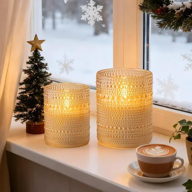 Alt view image 3 of 7 - Dotted Glass Flameless Candles with Remote Timer, Real Wax Battery Operated LED Pillar Candles with 3D Flickering Flame for Festival Wedding Home Party Decor, 3" x 4", 4" x 5", Set of 2 (Gold)