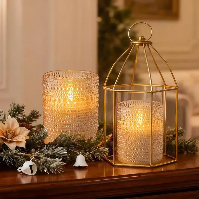 Alt view image 7 of 7 - Dotted Glass Flameless Candles with Remote Timer, Real Wax Battery Operated LED Pillar Candles with 3D Flickering Flame for Festival Wedding Home Party Decor, 3" x 4", 4" x 5", Set of 2 (Gold)