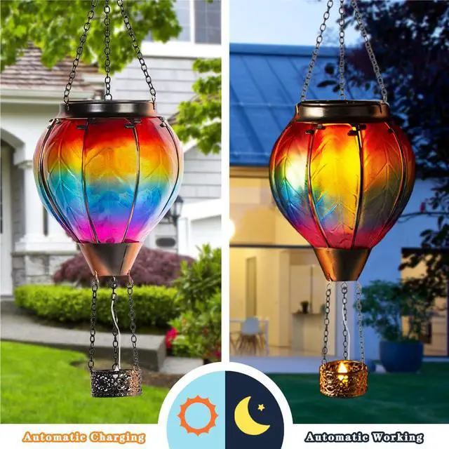 Alt view image 2 of 7 - Hot Air Balloon Solar Lantern with Candle Holder Flickering Flame Hanging Garden Light Waterproof Glass Solar Lanterns Outdoor Waterproof Decorative for Lawn Porch Tree Yard