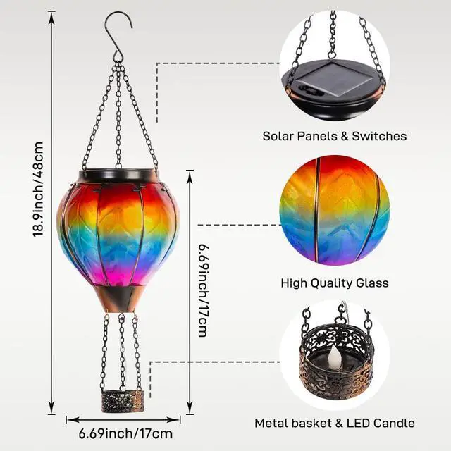 Alt view image 3 of 7 - Hot Air Balloon Solar Lantern with Candle Holder Flickering Flame Hanging Garden Light Waterproof Glass Solar Lanterns Outdoor Waterproof Decorative for Lawn Porch Tree Yard