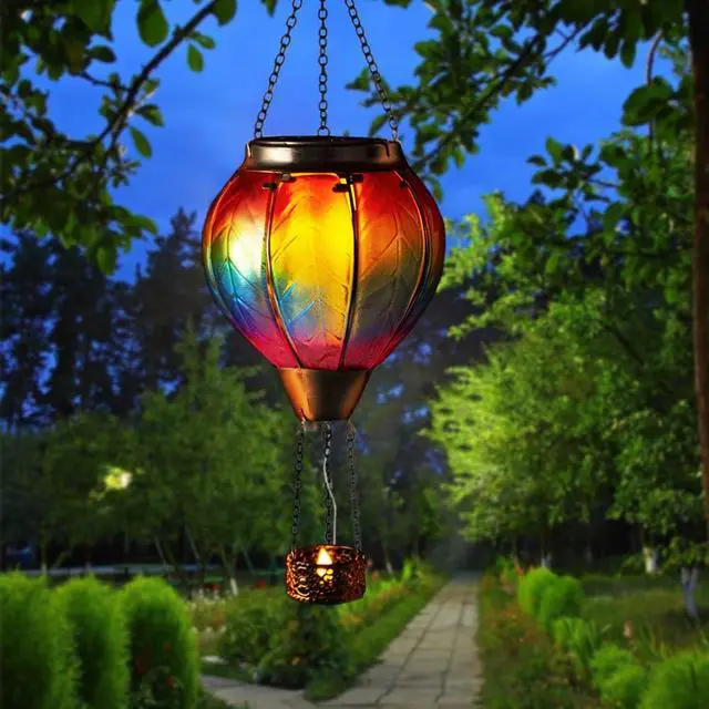 Alt view image 5 of 7 - Hot Air Balloon Solar Lantern with Candle Holder Flickering Flame Hanging Garden Light Waterproof Glass Solar Lanterns Outdoor Waterproof Decorative for Lawn Porch Tree Yard