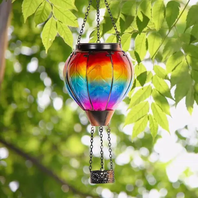 Alt view image 6 of 7 - Hot Air Balloon Solar Lantern with Candle Holder Flickering Flame Hanging Garden Light Waterproof Glass Solar Lanterns Outdoor Waterproof Decorative for Lawn Porch Tree Yard
