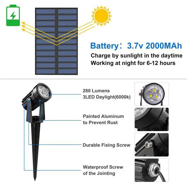 Alt view image 3 of 7 - Solar Spot Lights Outdoor, Solar Landscape Spotlights IP65 Waterproof 9.8ft Cable,Auto On/Off Outdoor Wall Lights for Garden Yard Driveway Porch Walkway Pool (6000K White)