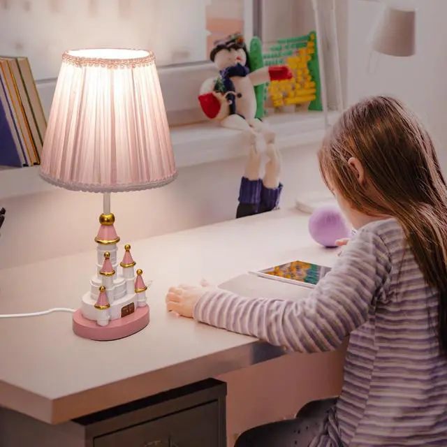 Alt view image 5 of 7 - Kids Table Lamp, Adorable 14 Inch Castle Style Kids Desk Lamp, Pink Bedside Lamp Ideal for Girls Bedroom Decor, Includes LED Bulb