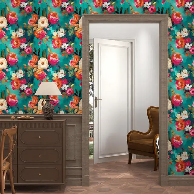 Alt view image 2 of 6 - Floral Wallpaper Peel and Stick Boho Teal Blue 17.5 x 118In | Removable Self Adhesive Renter Friendly Vibrant Watercolor Wall Paper for Bedroom Bathroom Living Room Feature Accent Wall