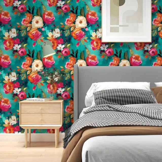 Alt view image 3 of 6 - Floral Wallpaper Peel and Stick Boho Teal Blue 17.5 x 118In | Removable Self Adhesive Renter Friendly Vibrant Watercolor Wall Paper for Bedroom Bathroom Living Room Feature Accent Wall