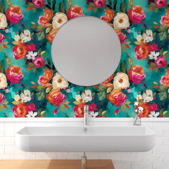 Alt view image 4 of 6 - Floral Wallpaper Peel and Stick Boho Teal Blue 17.5 x 118In | Removable Self Adhesive Renter Friendly Vibrant Watercolor Wall Paper for Bedroom Bathroom Living Room Feature Accent Wall