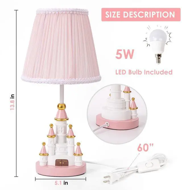 Alt view image 7 of 7 - Kids Table Lamp, Adorable 14 Inch Castle Style Kids Desk Lamp, Pink Bedside Lamp Ideal for Girls Bedroom Decor, Includes LED Bulb