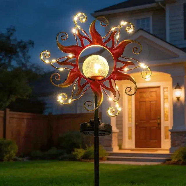 Main image of ZHQIAN Solar Lights Outdoor Waterproof Red Sun Metal Crackle Glass Stake Decorative for Outside,Yard,Lawn,Patio,Walkway Mothers'Day Gifts Mom Grandma Garden Lover