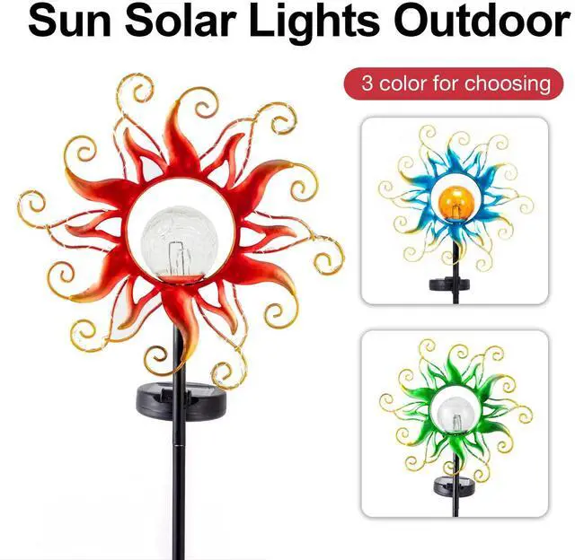 Alt view image 2 of 7 - ZHQIAN Solar Lights Outdoor Waterproof Red Sun Metal Crackle Glass Stake Decorative for Outside,Yard,Lawn,Patio,Walkway Mothers'Day Gifts Mom Grandma Garden Lover