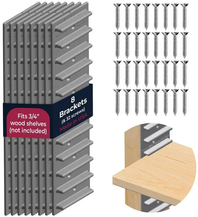 Main image of Made in USA Adjustable Shelf Brackets, 8-Pack (4 Pairs) Easy-to-Adjust One-Row Storage for Custom-Fit Shelves Your Items, Your Wood, You Supply It