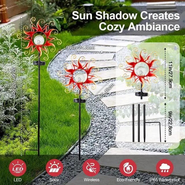 Alt view image 3 of 7 - ZHQIAN Solar Lights Outdoor Waterproof Red Sun Metal Crackle Glass Stake Decorative for Outside,Yard,Lawn,Patio,Walkway Mothers'Day Gifts Mom Grandma Garden Lover
