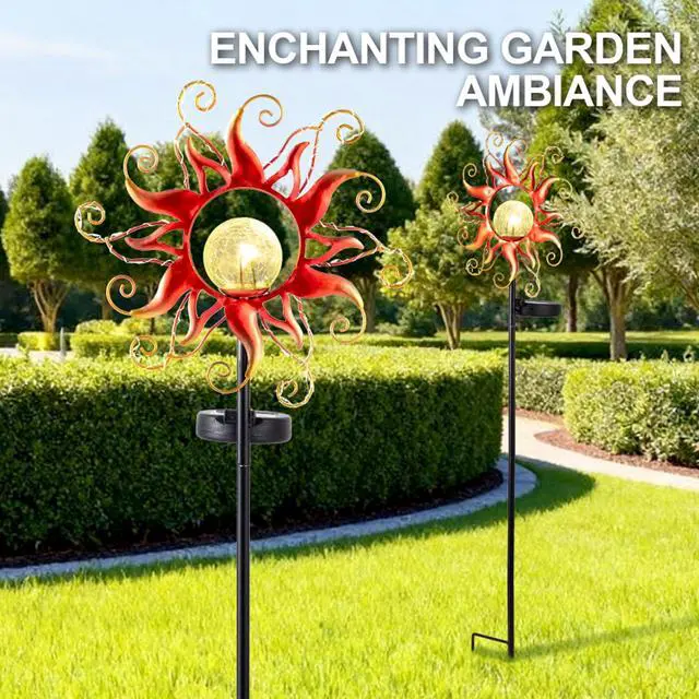 Alt view image 6 of 7 - ZHQIAN Solar Lights Outdoor Waterproof Red Sun Metal Crackle Glass Stake Decorative for Outside,Yard,Lawn,Patio,Walkway Mothers'Day Gifts Mom Grandma Garden Lover