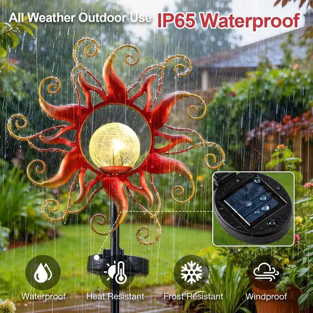 Alt view image 4 of 7 - ZHQIAN Solar Lights Outdoor Waterproof Red Sun Metal Crackle Glass Stake Decorative for Outside,Yard,Lawn,Patio,Walkway Mothers'Day Gifts Mom Grandma Garden Lover