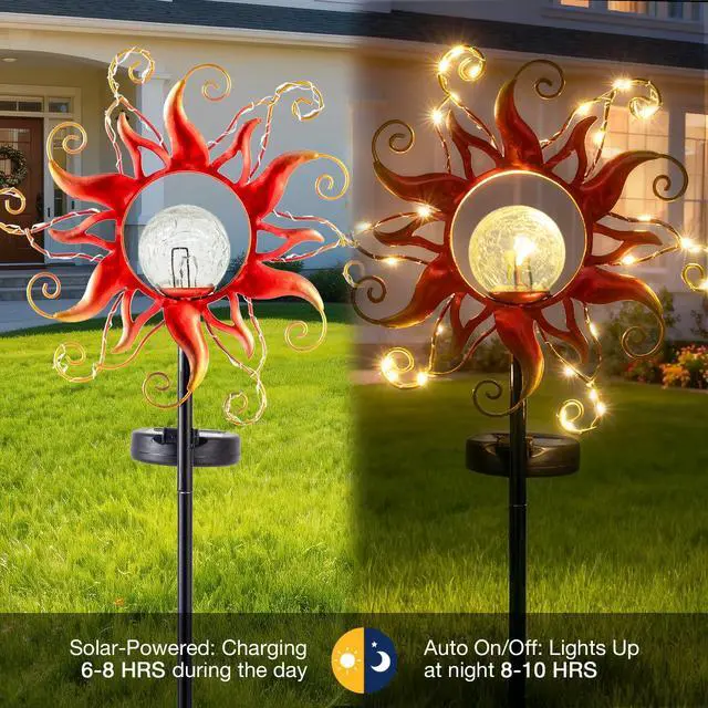 Alt view image 5 of 7 - ZHQIAN Solar Lights Outdoor Waterproof Red Sun Metal Crackle Glass Stake Decorative for Outside,Yard,Lawn,Patio,Walkway Mothers'Day Gifts Mom Grandma Garden Lover