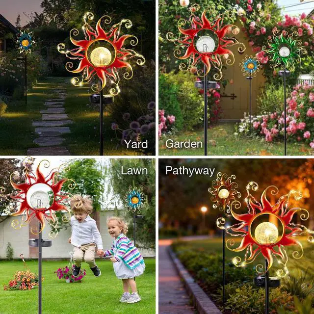 Alt view image 7 of 7 - ZHQIAN Solar Lights Outdoor Waterproof Red Sun Metal Crackle Glass Stake Decorative for Outside,Yard,Lawn,Patio,Walkway Mothers'Day Gifts Mom Grandma Garden Lover