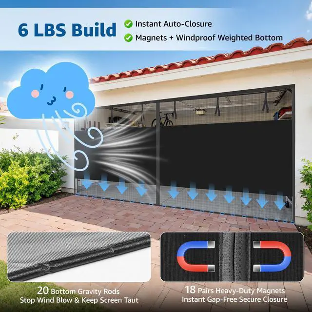 Alt view image 7 of 7 - Garage Door Screen 2 Car 16x7 Ft, Privacy Magnetic Closure Garage Net Screen for Garage & Patio, Keep Tiny Animals Out & Pet Friendly, 20 Mins Quick Install for Home Gym, Porch, Balcony(Black)