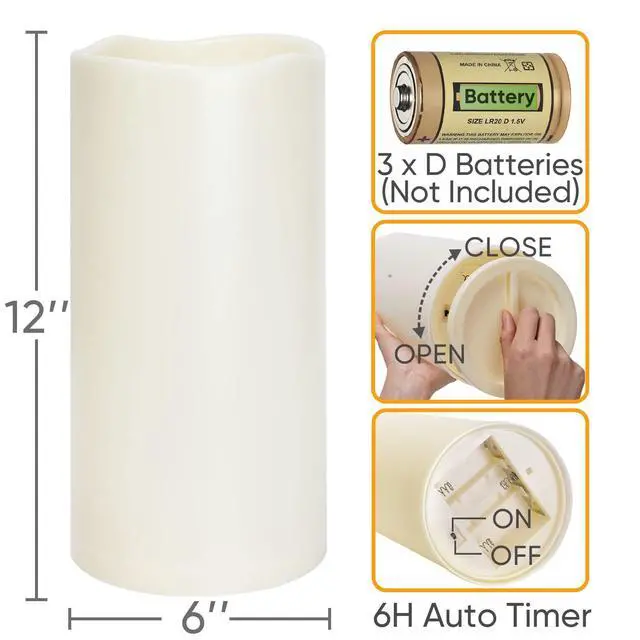 Alt view image 2 of 7 - 6" x 12" Extra Large Outdoor Waterproof Candle with Auto 6-Hour Timer, Ivory Plastic Made, Long Last for Half A Year
