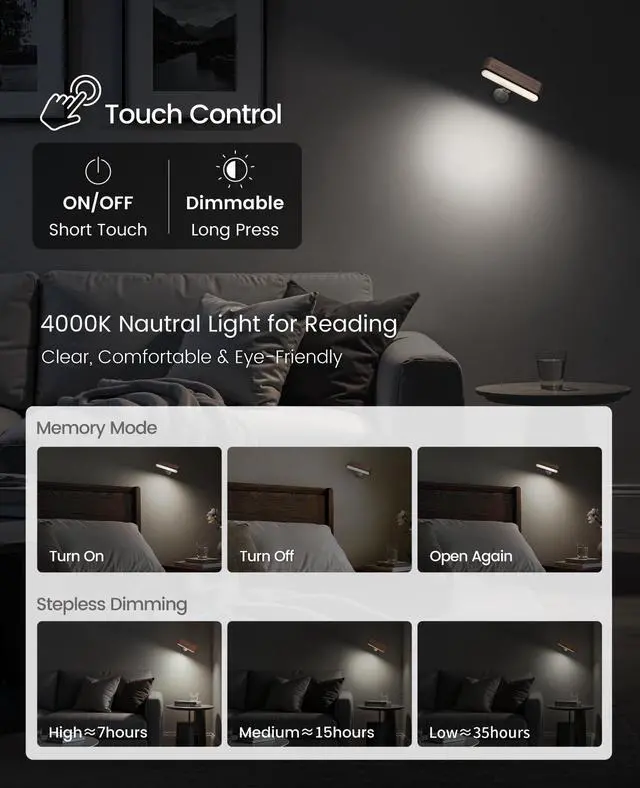 Alt view image 2 of 7 - Rechargeable Wall Sconce, Reading Light for Bed, Magnetic Wood Lamp | Set of 2 Black Walnut Wood Sconces, Touch Control, Adjustable Brightness, 4000K Reading Light for Headboard, 360° Rotation