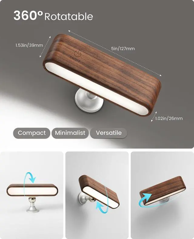 Alt view image 3 of 7 - Rechargeable Wall Sconce, Reading Light for Bed, Magnetic Wood Lamp | Set of 2 Black Walnut Wood Sconces, Touch Control, Adjustable Brightness, 4000K Reading Light for Headboard, 360° Rotation