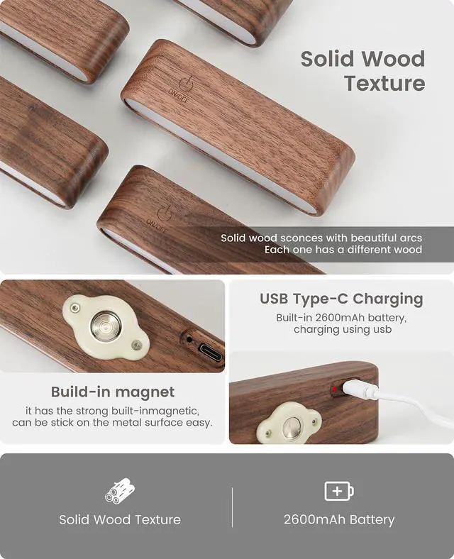 Alt view image 4 of 7 - Rechargeable Wall Sconce, Reading Light for Bed, Magnetic Wood Lamp | Set of 2 Black Walnut Wood Sconces, Touch Control, Adjustable Brightness, 4000K Reading Light for Headboard, 360° Rotation