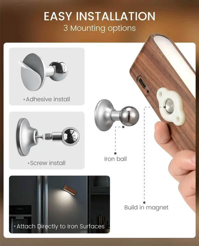 Alt view image 5 of 7 - Rechargeable Wall Sconce, Reading Light for Bed, Magnetic Wood Lamp | Set of 2 Black Walnut Wood Sconces, Touch Control, Adjustable Brightness, 4000K Reading Light for Headboard, 360° Rotation