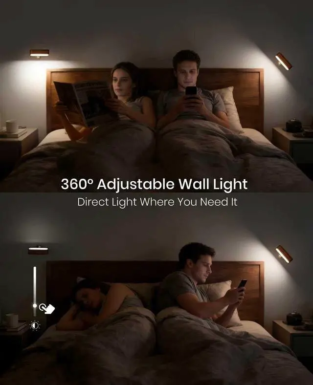 Alt view image 6 of 7 - Rechargeable Wall Sconce, Reading Light for Bed, Magnetic Wood Lamp | Set of 2 Black Walnut Wood Sconces, Touch Control, Adjustable Brightness, 4000K Reading Light for Headboard, 360° Rotation